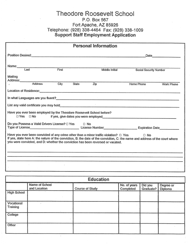 Theodore Roosevelt School support staff employment application (image)